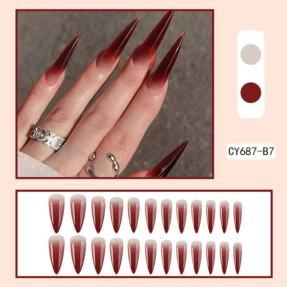 Wine Red Gradient Patch Nails