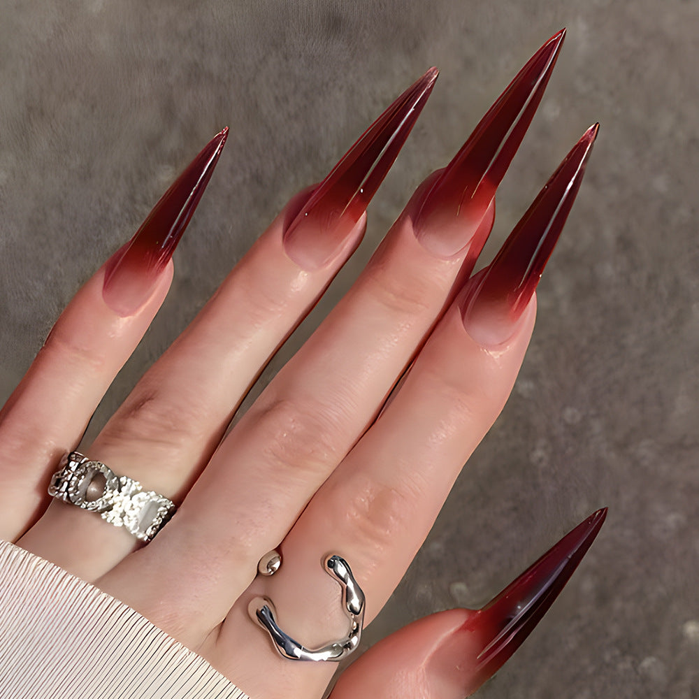 Wine Red Gradient Patch Nails